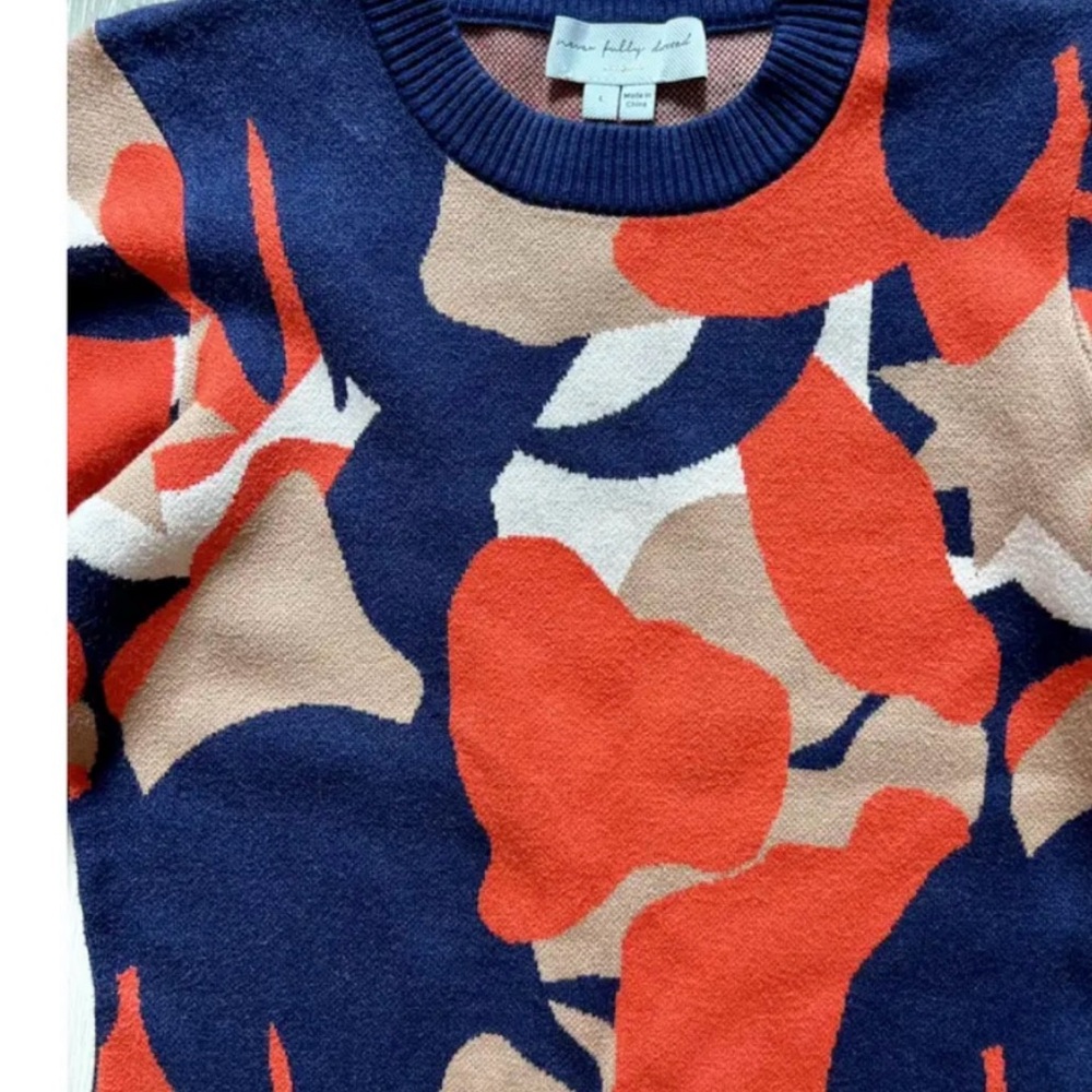 Never Fully Dressed Knit Midi Dress L  Floral Navy Orange Long Sleeve Bodycon - Picture 4 of 4